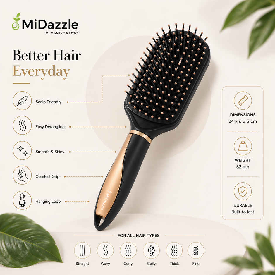 Midazzle Premium Cushioned Black and Gold Hair Brush | MIHB0001
