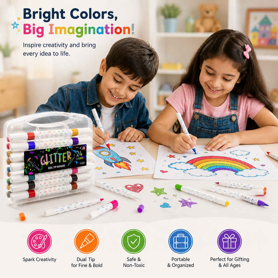 Fablue Glitter Dual Tip Marker Set | Coloring Pens with Carry Case | Art & Craft Supplies | 24 Color Shades