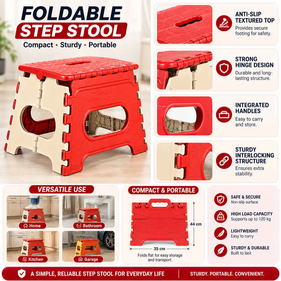 Zedak Foldable Stool with Carry Handle | Portable Multipurpose Folding Stool for Home | Red & Beige