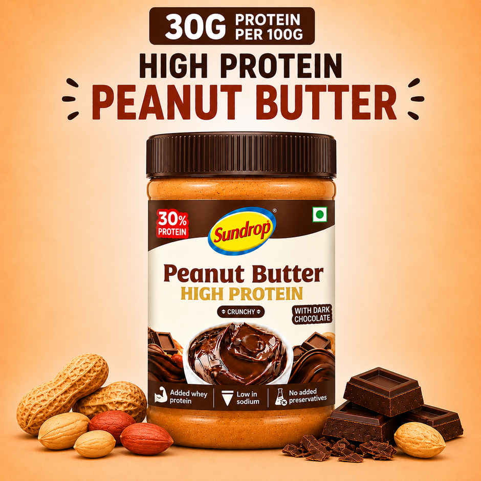 Sundrop High Protein Peanut Butter, Whey Protein Added, Crunchy | Dark Chocolate | 30% Protein