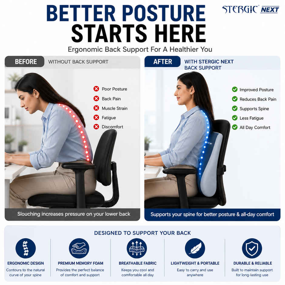 Stergic Next Memory Foam Lumbar Support For Chair, Back Rest