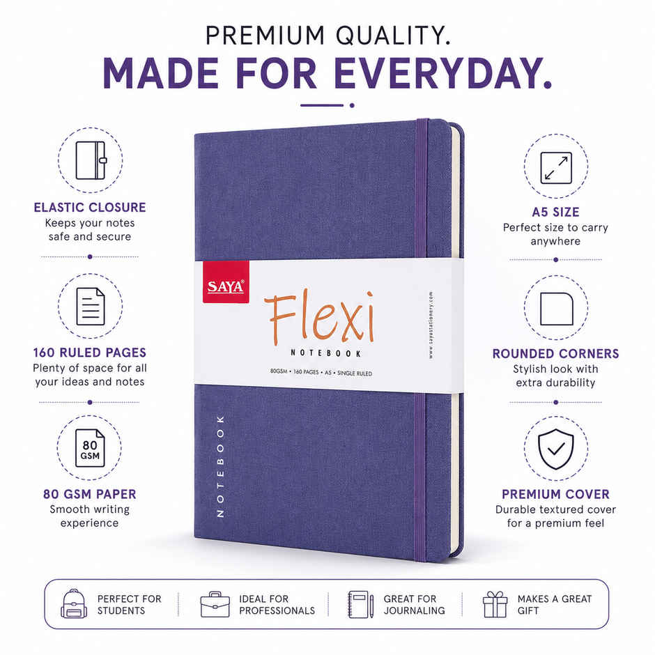 Saya Flexi A5 Notebook | Inside Pockets Bright Paper Ruled | 160 Pages | 14 x 10 cm | Assorted