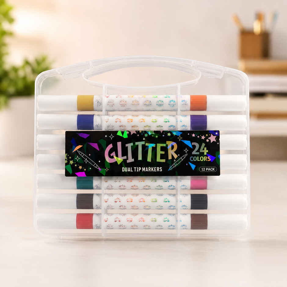 Fablue Glitter Dual Tip Marker Set | Coloring Pens with Carry Case | Art & Craft Supplies | 24 Color Shades