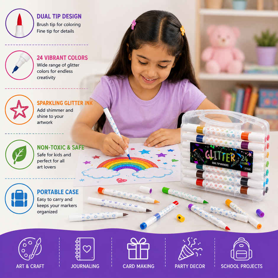 Fablue Glitter Dual Tip Marker Set | Coloring Pens with Carry Case | Art & Craft Supplies | 24 Color Shades