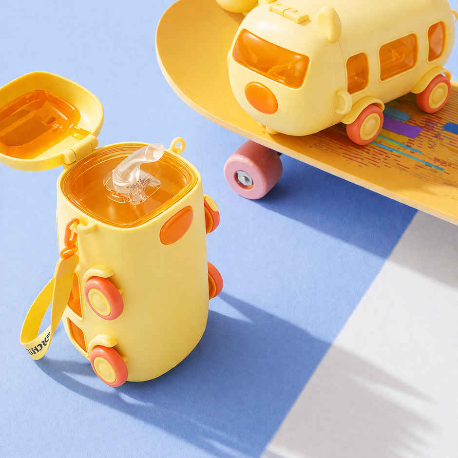 DesignLand Kids Bus Shaped Water Bottle with Shoulder Strap | Yellow - 550 ml