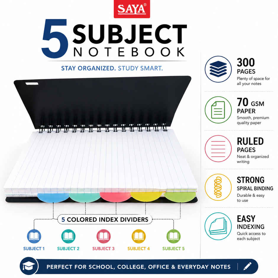 Saya A5 Executive Wiro 5 Subject Notebook | 200 Pages for School, Office & Study