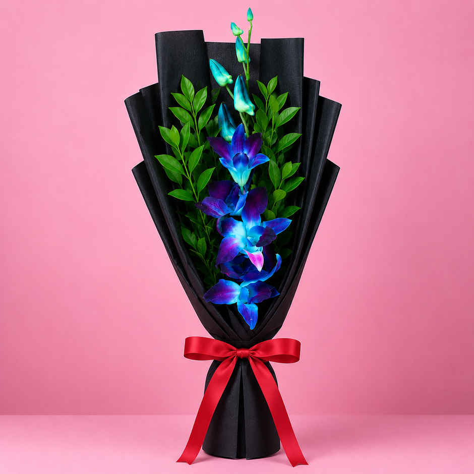 FlowerAura Single Blue Orchid in Black Paper | Gifting