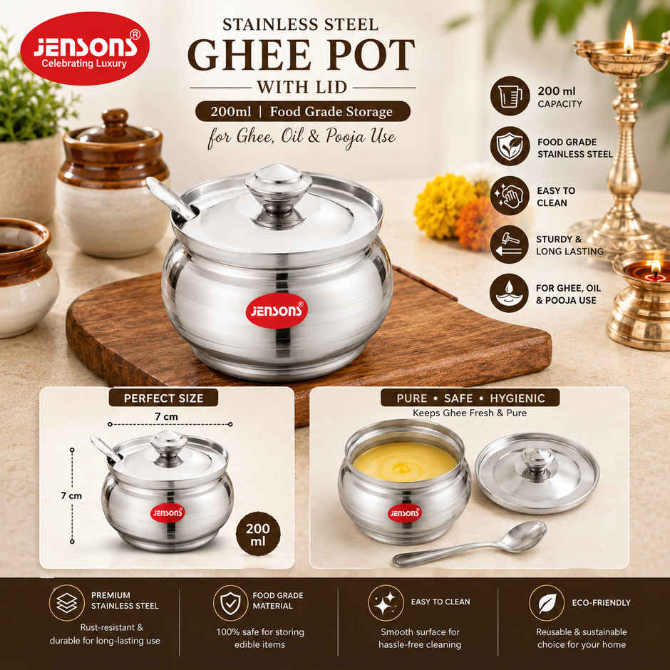 Jensons Stainless Steel Ghee Pot with Lid 200ml | Food Grade Storage for Ghee Oil & Pooja