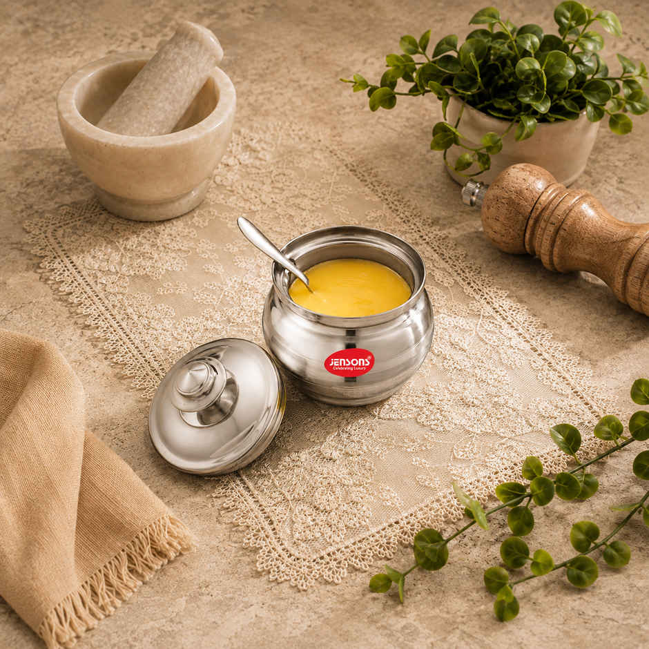 Jensons Stainless Steel Ghee Pot with Lid 200ml | Food Grade Storage for Ghee Oil & Pooja