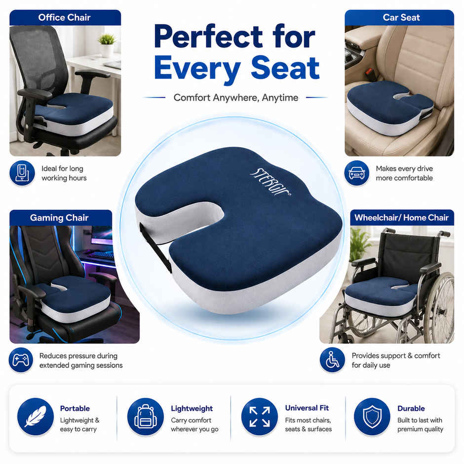 Stergic Next Seat Cushion High Density With Memory Foam For Hip, Tailbone, Coccyx