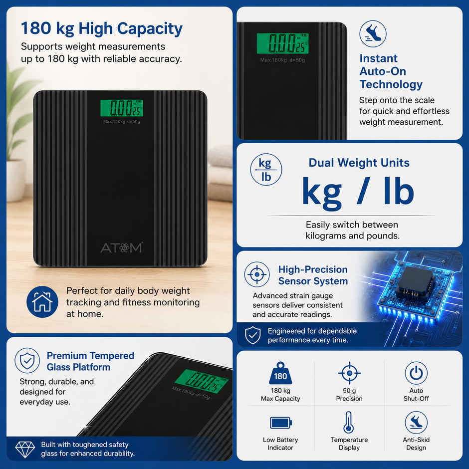 Atom AL 451 Digital Bathroom Weighing Scale | 180 kg Capacity | 100 g Precision | LCD Display