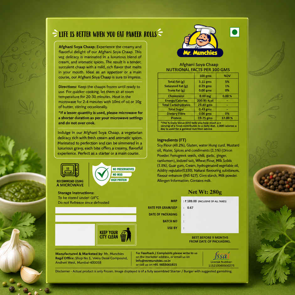 Mr. Munchies Afghani Soya Chaap | 50g Protein