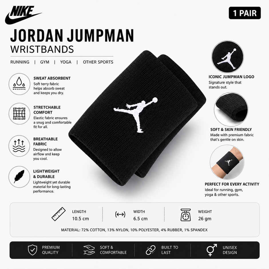 NIKE Unisex Jordan Jumpman Wristbands | Sweat Absorbent | Running | Gym |Yoga & Other Sports |Black