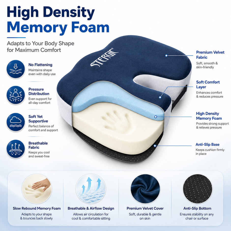 Stergic Next Seat Cushion High Density With Memory Foam For Hip, Tailbone, Coccyx