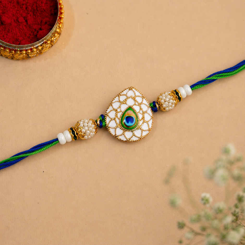 Peacock Feather Pearls Designer Rakhi for Brother, Bhai, and Bhaiya with Roli Chawal Pack (eCraftIndia)