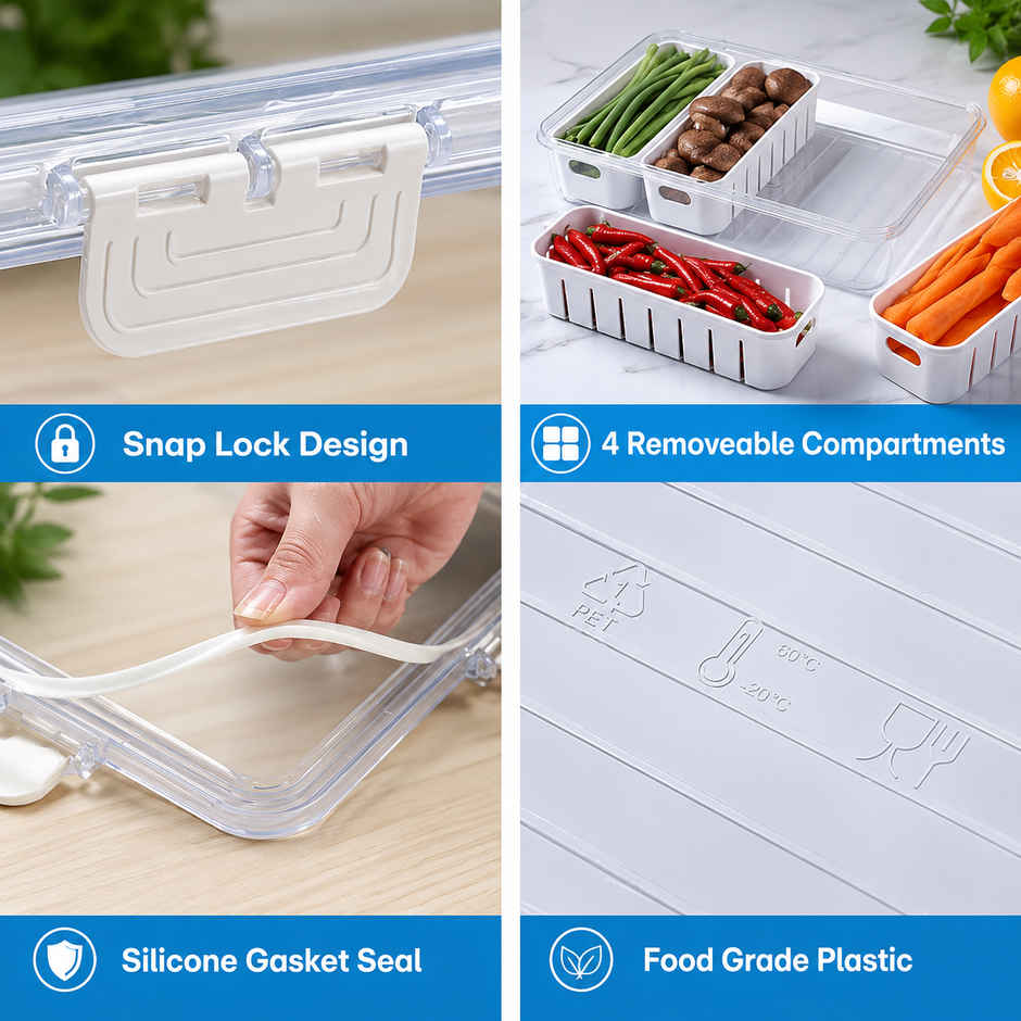 Zedak Multipurpose Vegetable & Fruit Storage Organizer Box with Compartments & Transparent Lid | Kitchen Fresh Food Storage Container