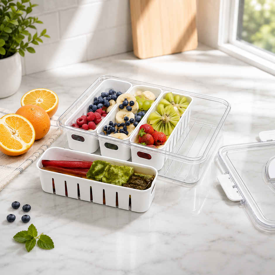 Zedak Multipurpose Vegetable & Fruit Storage Organizer Box with Compartments & Transparent Lid | Kitchen Fresh Food Storage Container