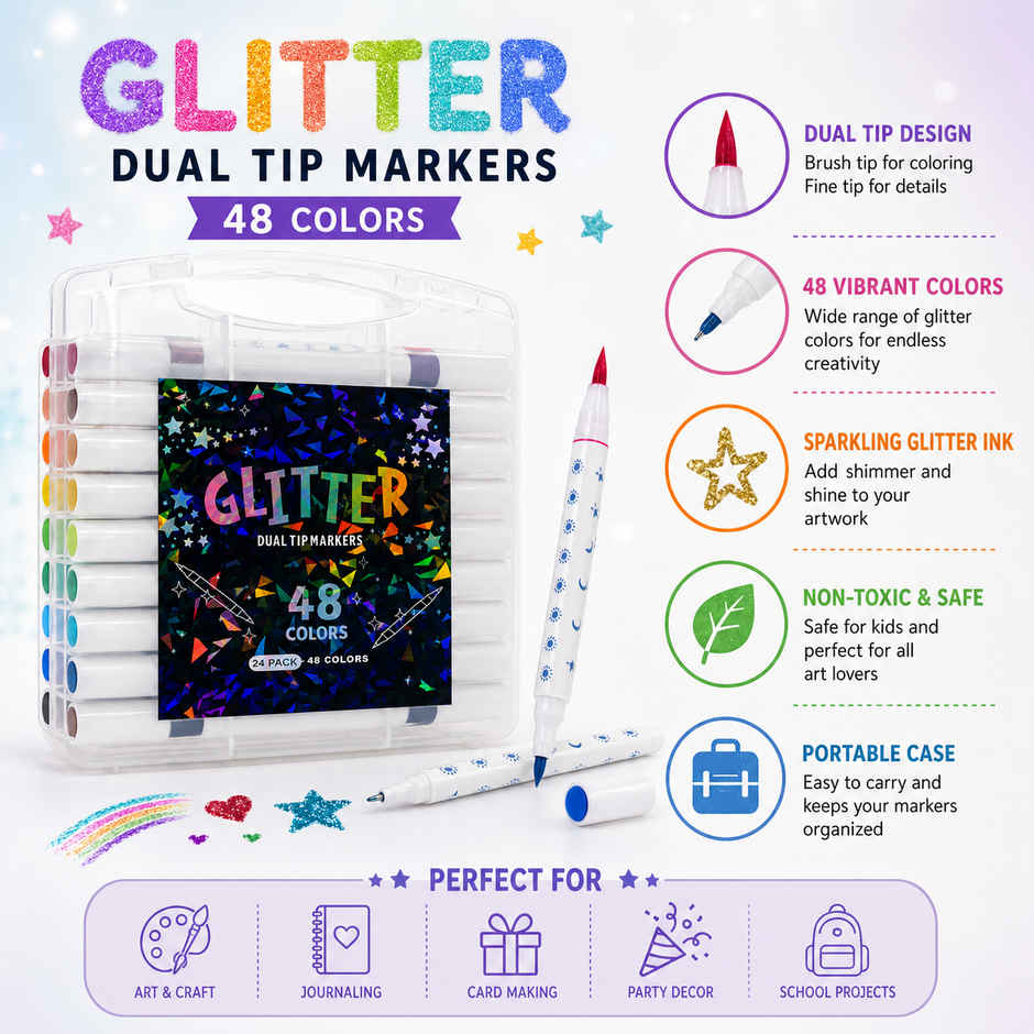 Fablue Glitter Dual Tip Marker Set | Coloring Pens with Carry Case | Art & Craft Supplies | 48 Color Shades