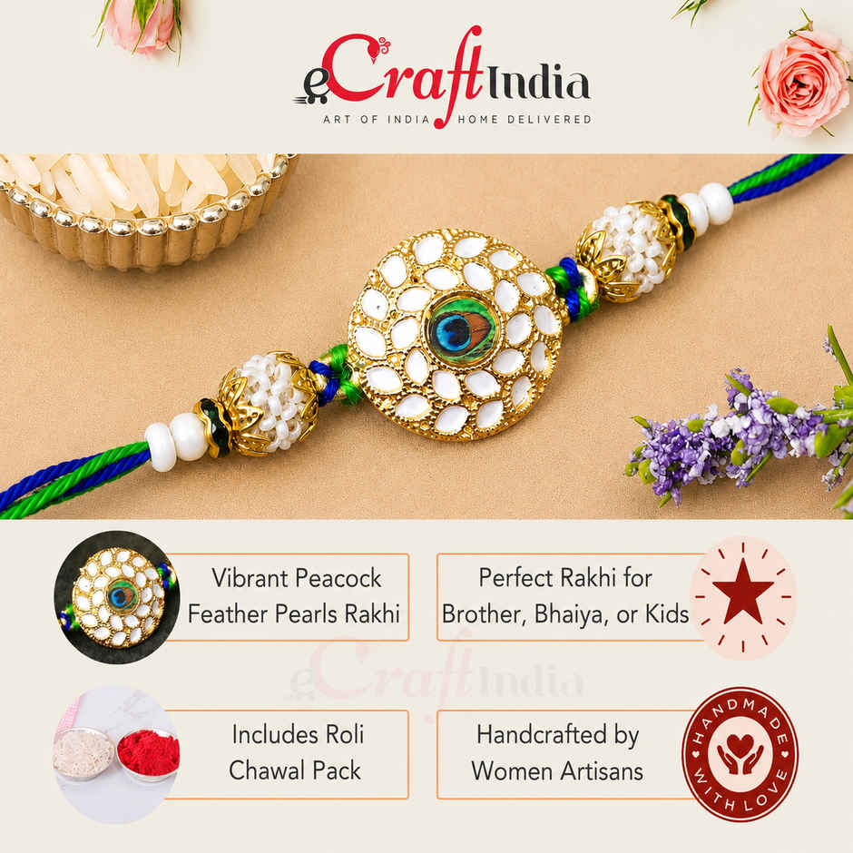 Peacock Colorful Feather Pearls Designer Rakhi for Brother, Bhai, and Bhaiya with Roli Chawal | Meenakari | Pack of 1 | Ecraftindia