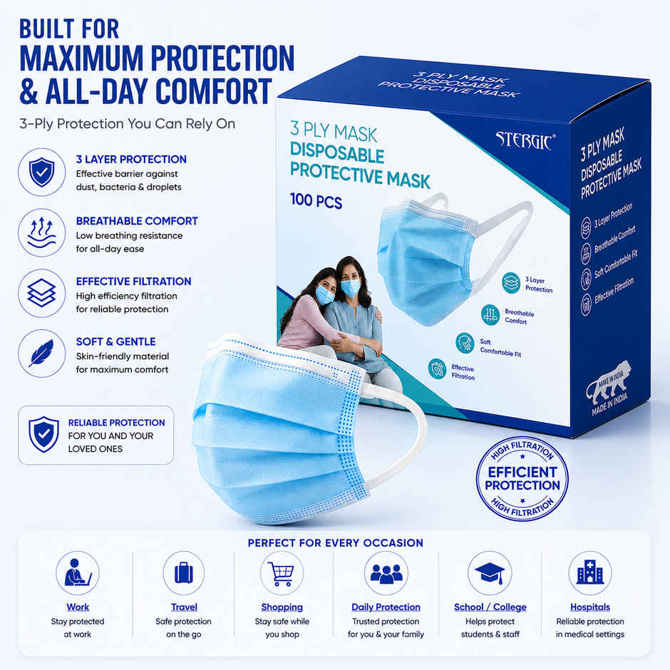 Stergic Softloop 3 Ply Disposable Face Mask Soft And Breathable Non-Woven Fabric With Earloop