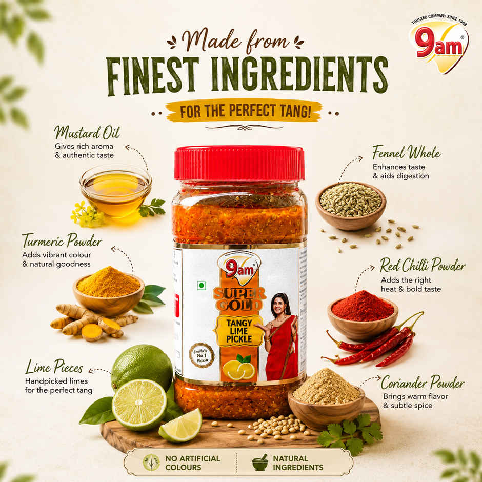 9am Super Gold Lime Pickle, Tangy Nibmu, Perfect for Meals With Pratha