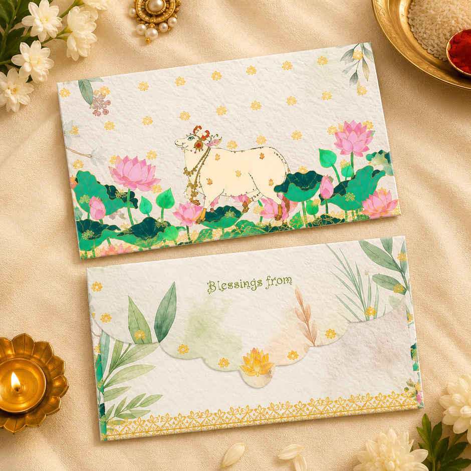 Archies Cow & Lotus Print Shagun Envelope with Foiling