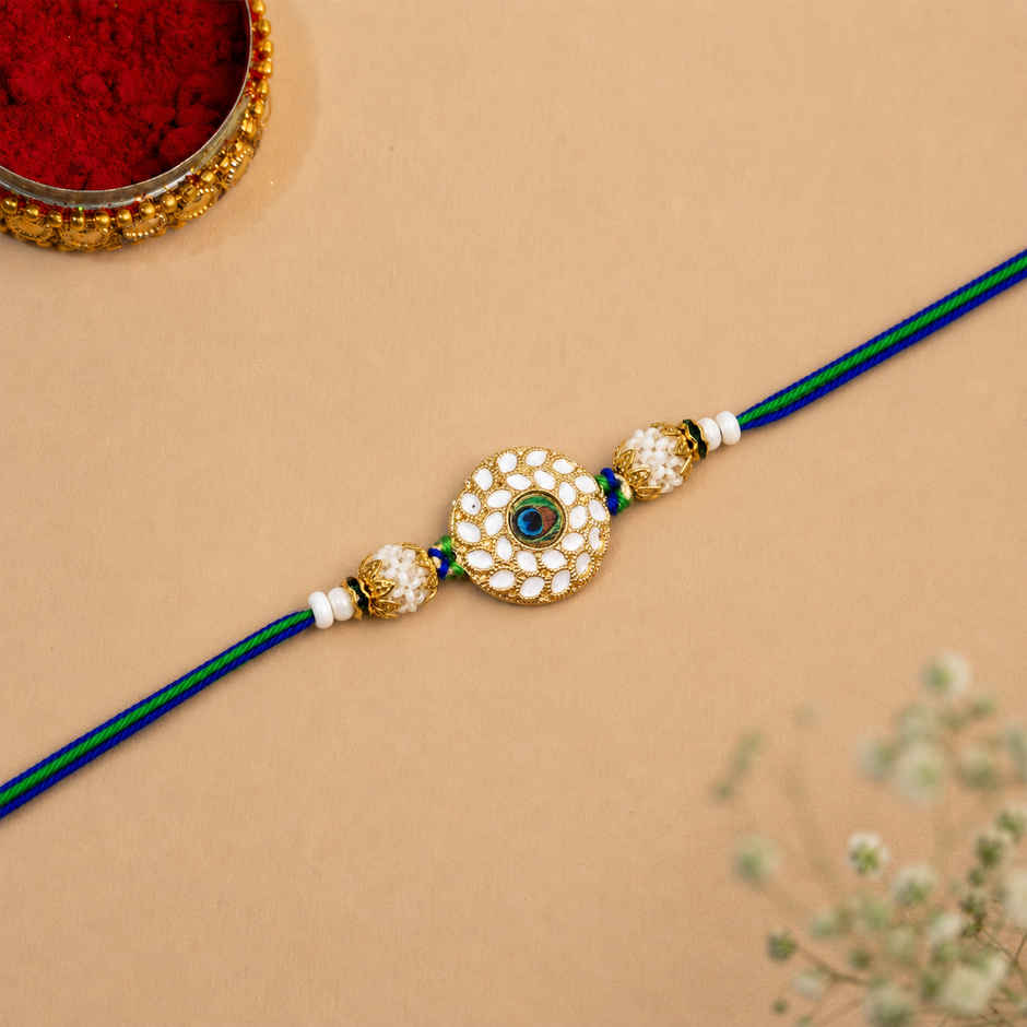 Peacock Colorful Feather Pearls Designer Rakhi for Brother, Bhai, and Bhaiya with Roli Chawal | Meenakari | Pack of 1 | Ecraftindia