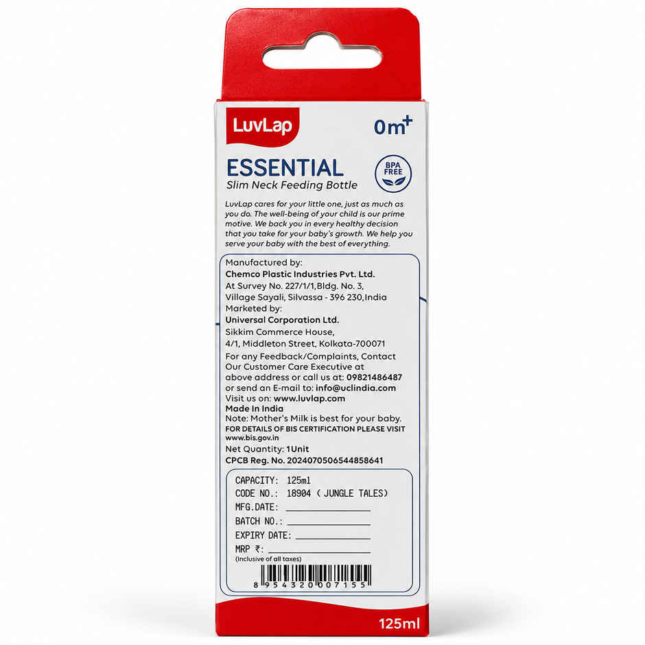 LuvLap Baby Essential Slim Neck Feeding Bottle | Jungle Tales with Anti Colic Nipple | Blue - 125 ml