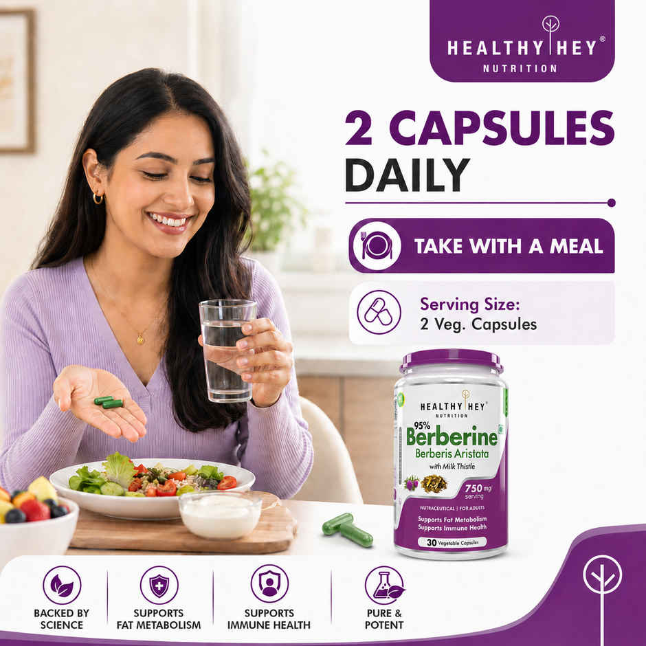 HealthyHey Berberis Berberine 95% with Milk Thistle | Weight Management Supplement | 750 mg | Veg