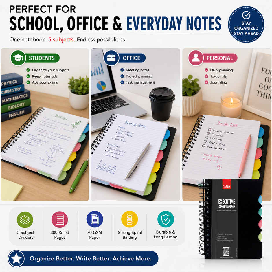 Saya A5 Executive Wiro 5 Subject Notebook | 200 Pages for School, Office & Study