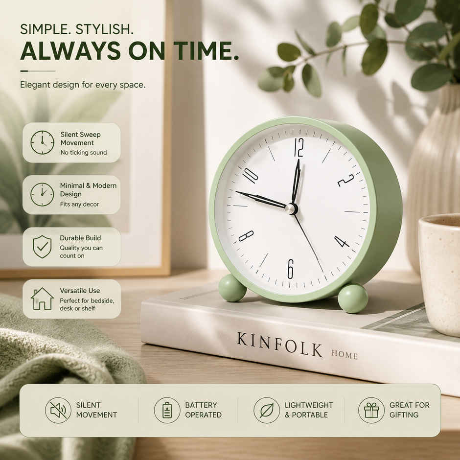 Perpetual Plastic Analog Alarm Clock | Super Silent Non Ticking Small Clock | Light Green - 4 in