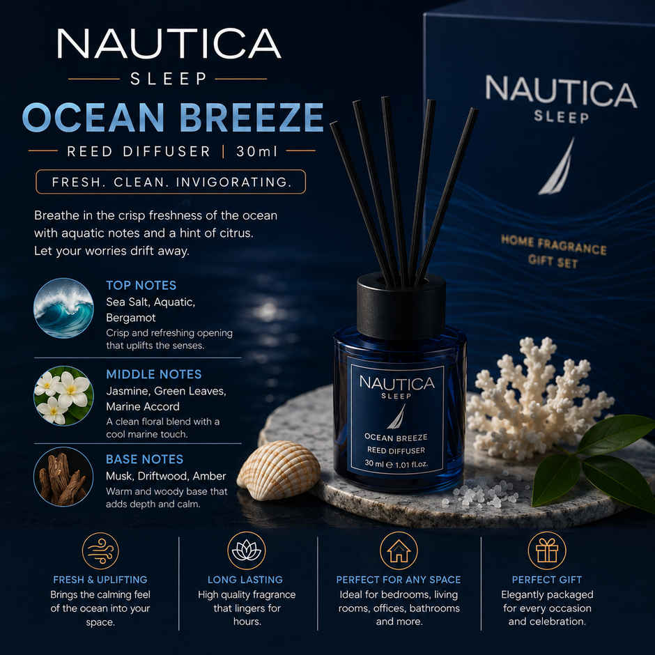 Nautica Sleep Gift Box Midnight Leather Candle and Ocean Breeze Diffuser and Amber Drift Room Freshner
