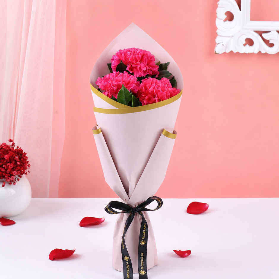 FlowerAura 3 Pink Carnations Bouquet in Pink Premium Paper | Gifting