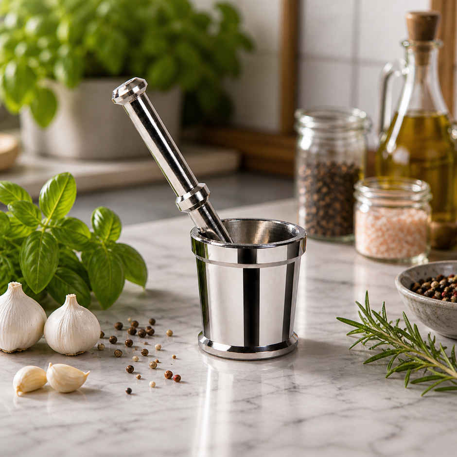 Petals Steel Heavy Mortar and Pestle Set | Khalbatta, khaldasta, Okli Masher