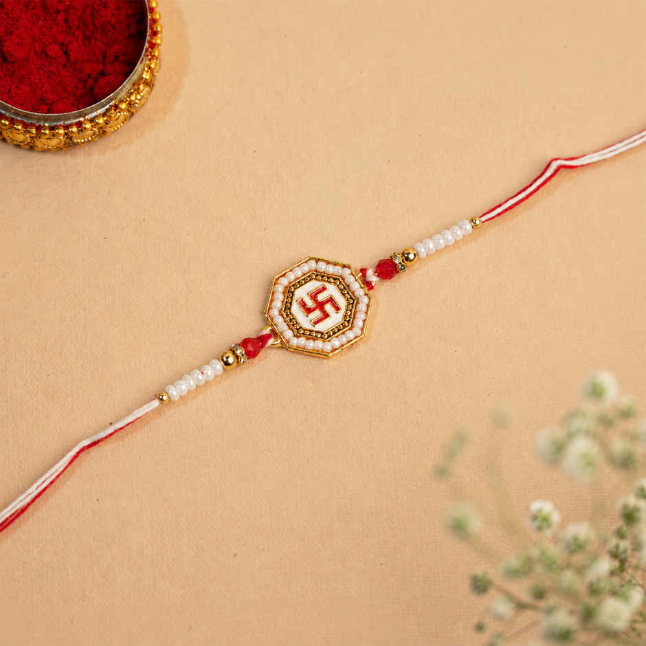 Rakhi for Brother | Swastik Meenakari Red & White Pearl | Religious Om | Pack of 1 | Tomuncle