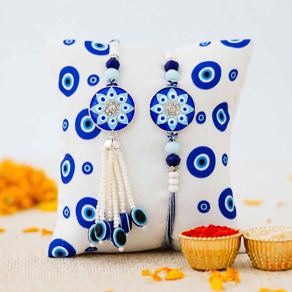 Bhaiya Bhabhi Floral Evil Eye Designer Lumba Rakhis for Bhaiya and Bhabhi (eCraftIndia) Set of 2