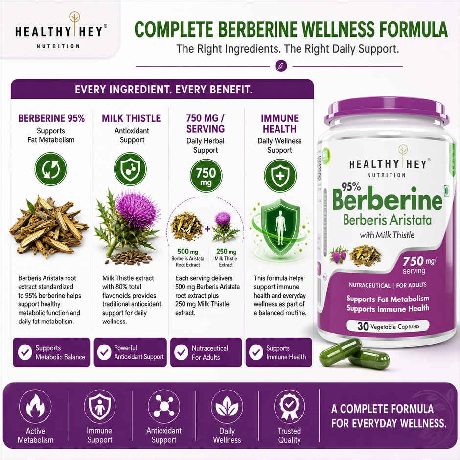 HealthyHey Berberis Berberine 95% with Milk Thistle | Weight Management Supplement | 750 mg | Veg