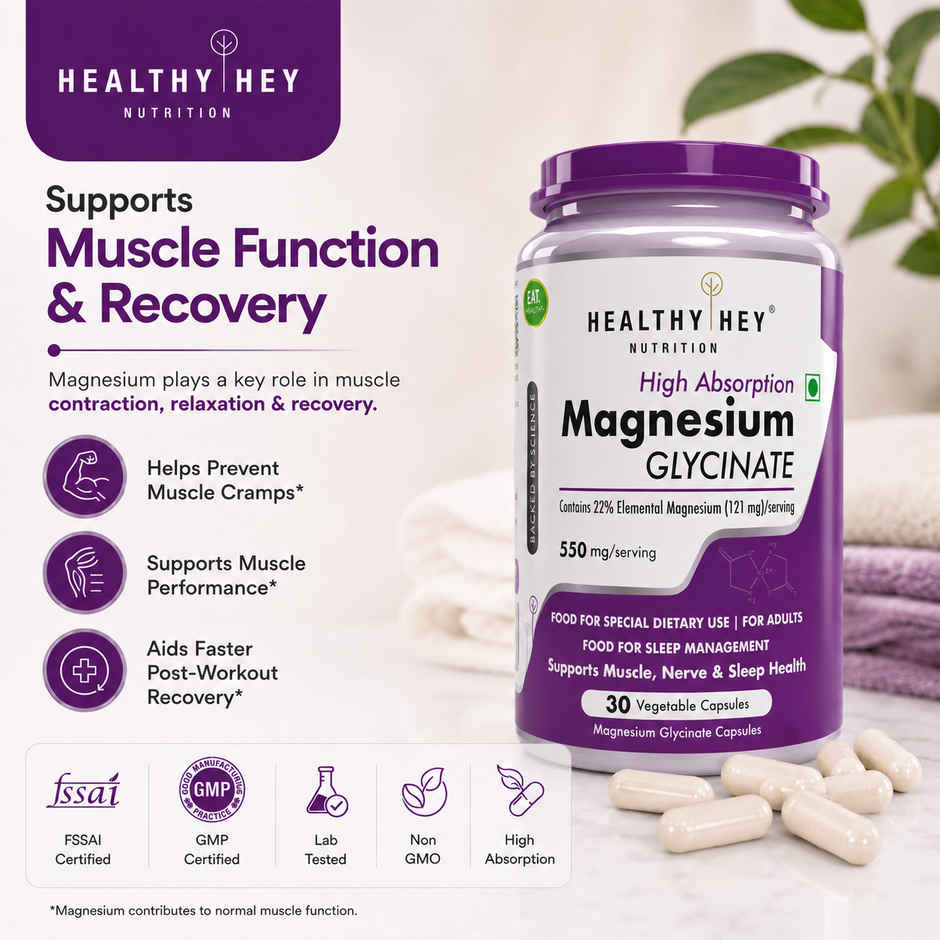 HealthyHey Nutrition Magnesium Glycinate | High Absorption | For Sleep, Cramps & Nerve Health | Veg