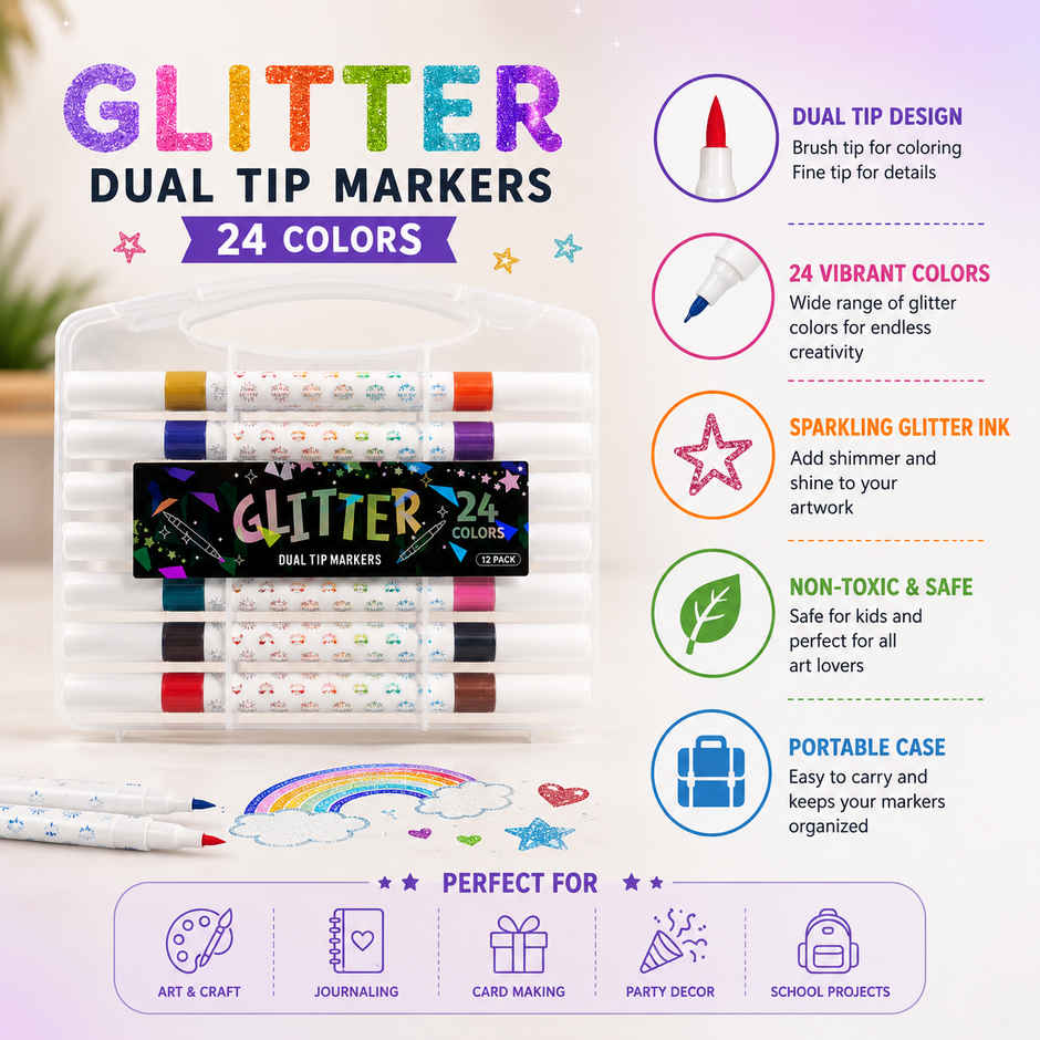 Fablue Glitter Dual Tip Marker Set | Coloring Pens with Carry Case | Art & Craft Supplies | 24 Color Shades