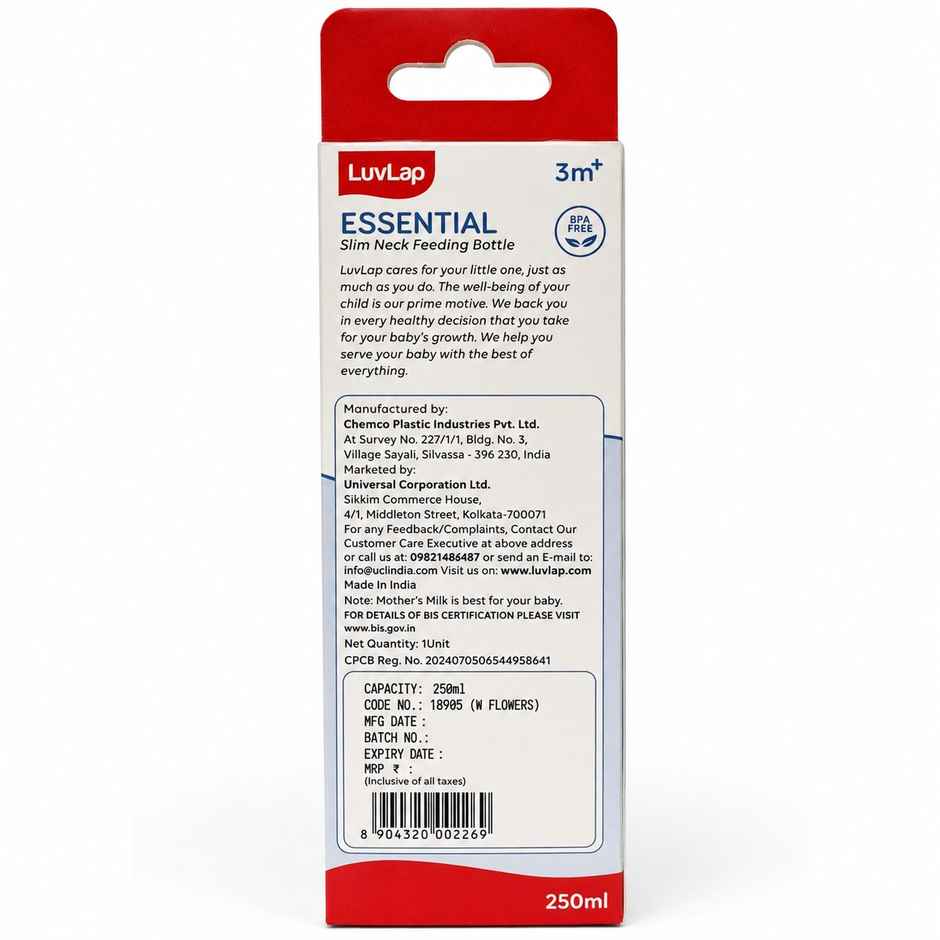 LuvLap Anti-Colic Slim/Regular Neck Essential Baby Feedding Bottle, 250ml, upto 3m+, BPA Free