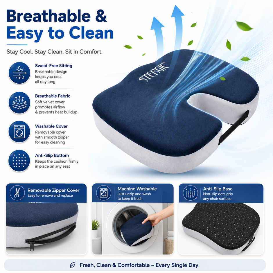 Stergic Next Seat Cushion High Density With Memory Foam For Hip, Tailbone, Coccyx