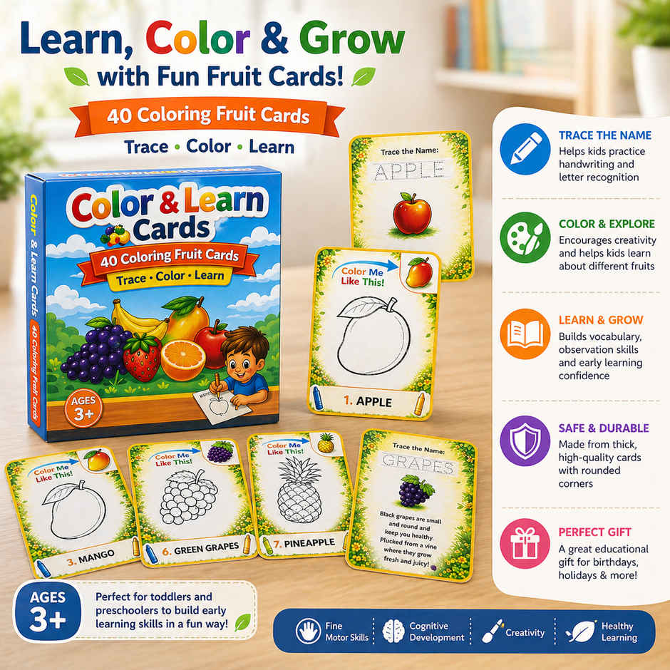 Fablue Color & Learn Fruits Cards (40 Cards)|Trace, Color & Learning Educational Toy for kids