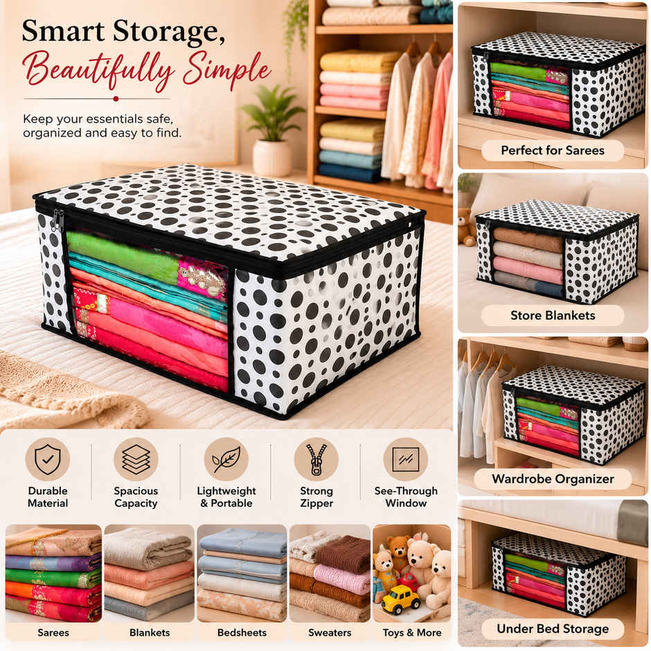 Perpetual Saree Organizer - Foldable Cover with Zip | Transparent Window | PolkaDot | Pack of 1