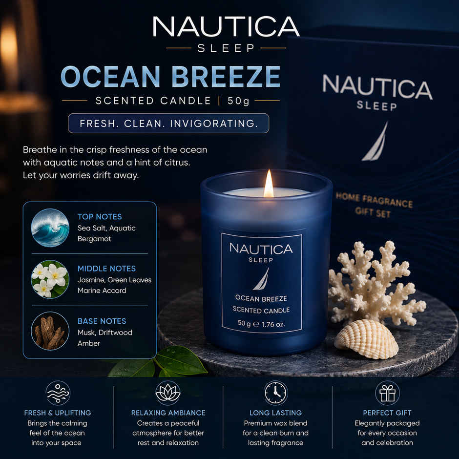 Nautica Sleep Gift Box Ocean Breeze Candle and Amber Drift Diffuser and Midnight Leather Room Freshner
