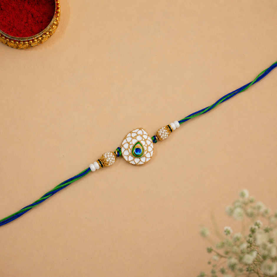 Peacock Feather Pearls Designer Rakhi for Brother, Bhai, and Bhaiya with Roli Chawal Pack (eCraftIndia)