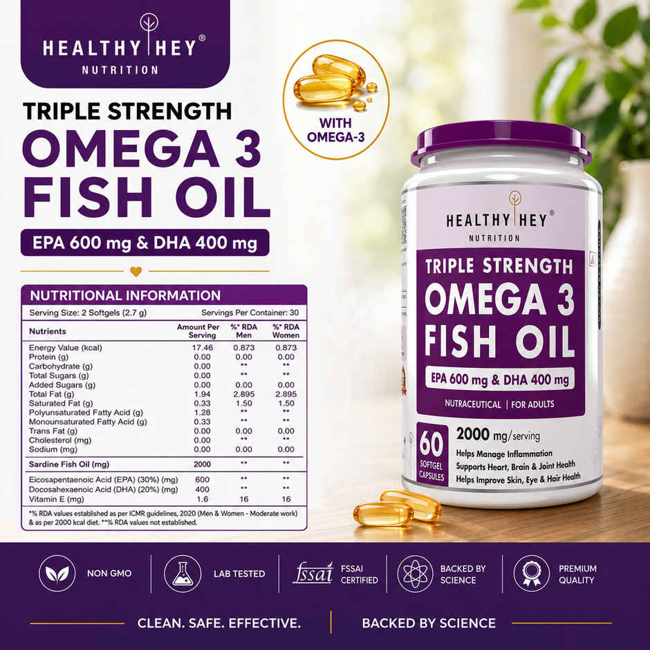 HealthyHey Nutrition Fish Oil Capsule Omega 3 Softgel For Women and Men | Burpless | EPA 600-DHA 400