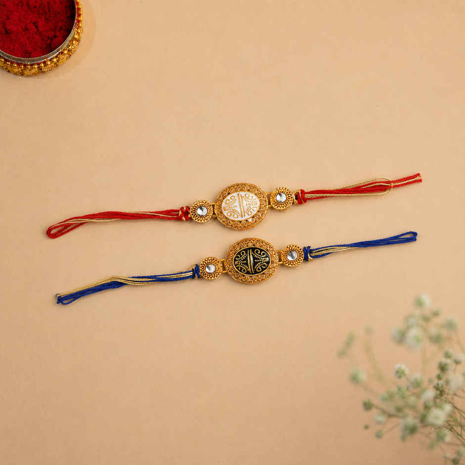 Red Blue Kundan Designer Rakhi with Roli Chawal Pack Rakhi for Brother Bhaiya Bhai | Ecraftindia