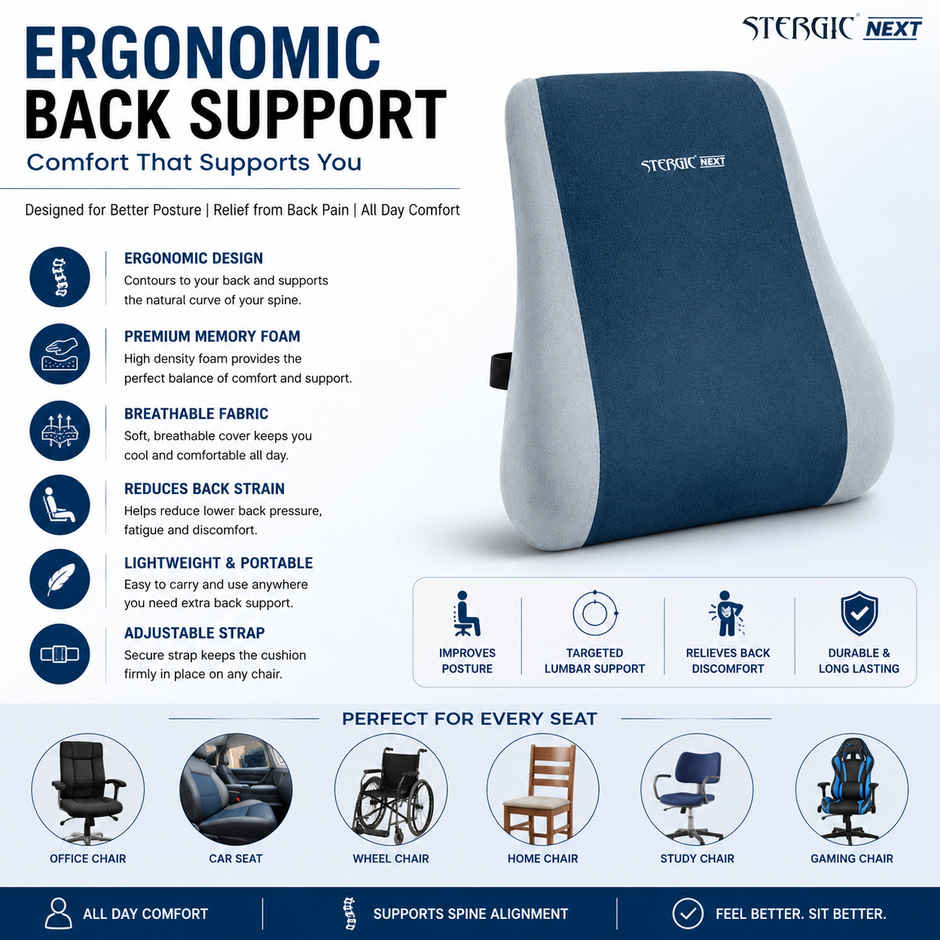 Stergic Next Memory Foam Lumbar Support For Chair, Back Rest
