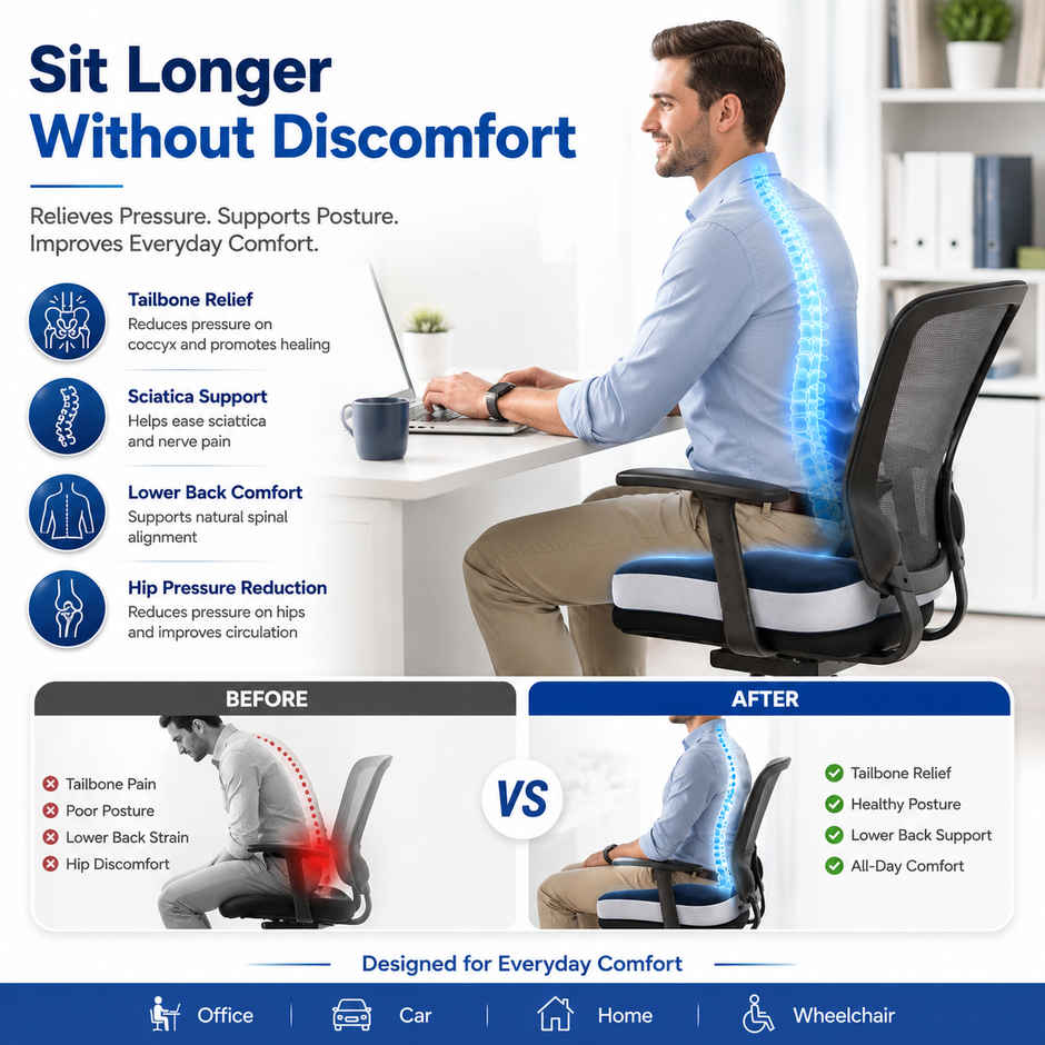 Stergic Next Seat Cushion High Density With Memory Foam For Hip, Tailbone, Coccyx