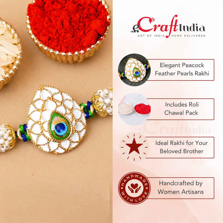 Peacock Feather Pearls Designer Rakhi for Brother, Bhai, and Bhaiya with Roli Chawal Pack (eCraftIndia)